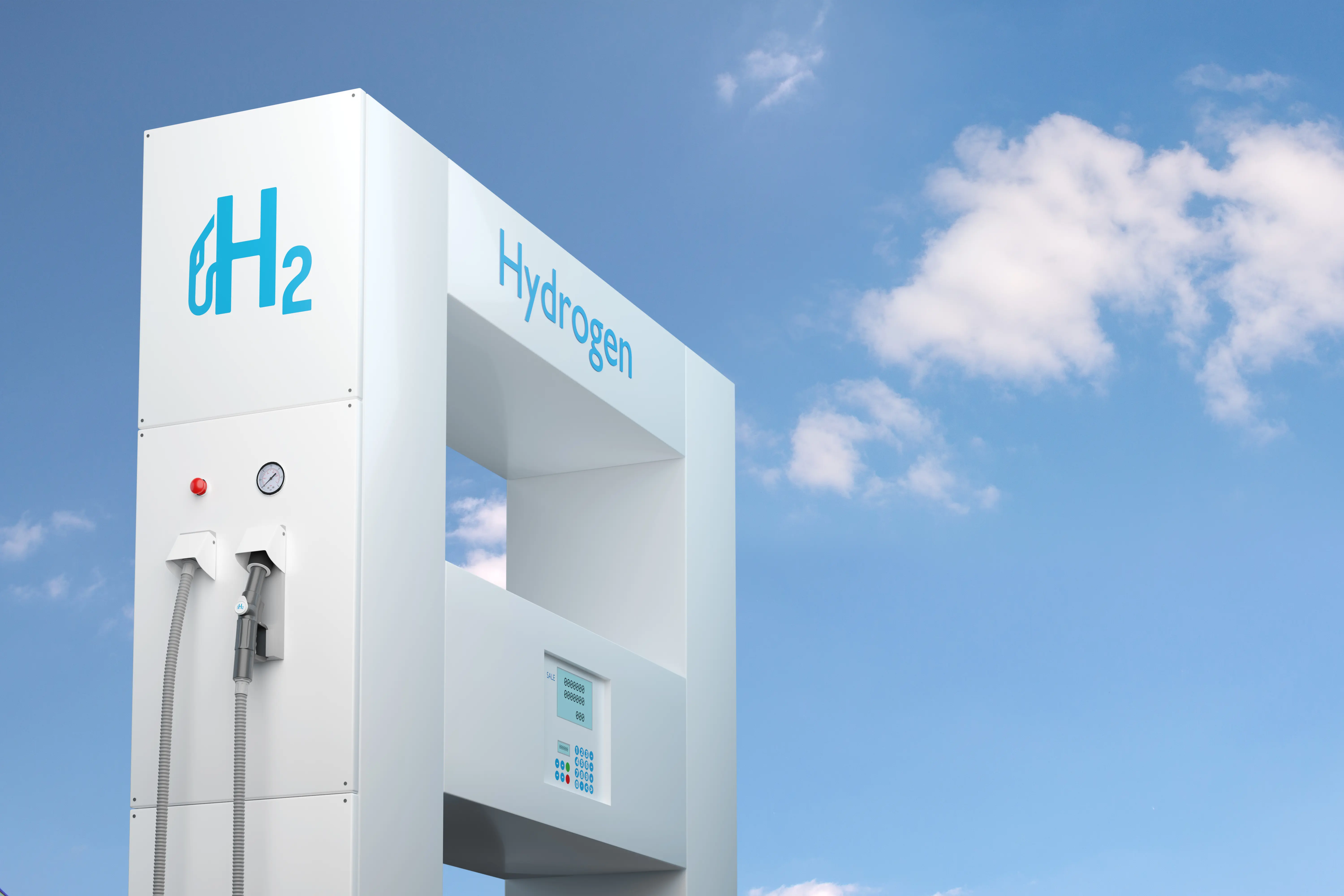 Hydrogen gas stations fuel dispenser on cloudy sky. 3d illustrat Hydrogen gas stations fuel dispenser on cloudy sky. 3d illustration.